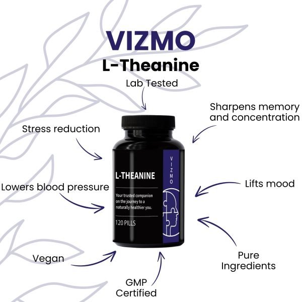 Vizmo L-Theanin Nahrungsergänzungsmittel-Flasche mit 120 veganen Kapseln. Unterstützt Stressabbau, senkt den Blutdruck, schärft Gedächtnis und Konzentration, hebt die Stimmung, enthält reine Inhaltsstoffe, ist vegan und GMP-zertifiziert.