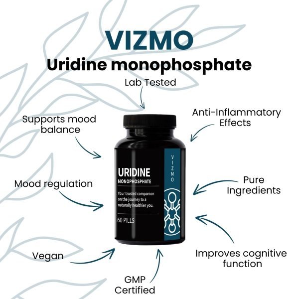 Vizmo Uridinmonophosphat Nahrungsergänzungsmittel Flasche mit wichtigen Vorteilen wie Stimmungsausgleich, Unterstützung der Stimmungsregulation, entzündungshemmende Wirkung, reine Inhaltsstoffe, Verbesserung der kognitiven Funktion, vegan, laborgeprüft und GMP-zertifiziert.