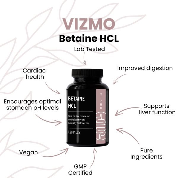 Vizmo Betain HCL Nahrungsergänzungsmittel-Flasche mit 120 Kapseln. Vorteile: Unterstützung der Herzgesundheit, Förderung eines optimalen Magensäure-pH-Werts, verbesserte Verdauung, Unterstützung der Leberfunktion, reine Inhaltsstoffe, vegan und GMP-zertifiziert.