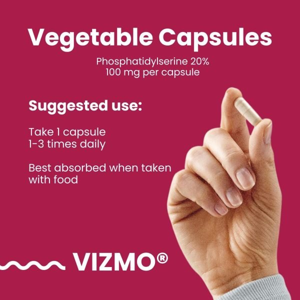Dosierungsempfehlung Vizmo Phosphatidylserin – 1–3 Kapseln täglich mit Mahlzeit, 100 mg pro Kapsel