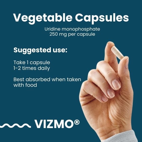 Hand hält eine vegane Kapsel mit Uridinmonophosphat 250 mg pro Kapsel. Empfohlene Einnahme: 1 Kapsel 1–2 Mal täglich, am besten mit Nahrung einzunehmen.