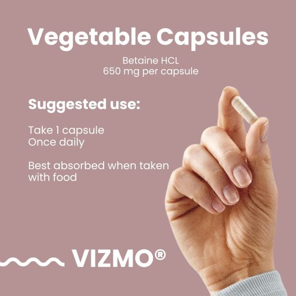 Hand hält eine vegane Betain HCL Kapsel mit 650 mg pro Kapsel. Empfohlene Einnahme: 1 Kapsel täglich, am besten mit Nahrung einzunehmen.
