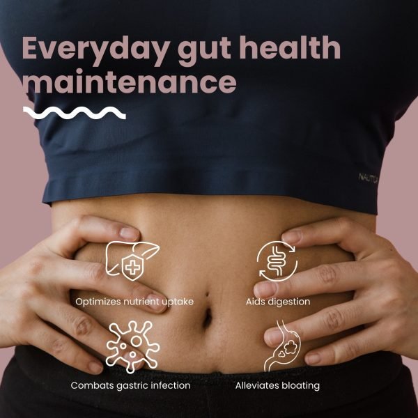 Frau hält ihre Hände auf den Bauch, symbolisiert tägliche Darmgesundheit. Vorteile von Vizmo Betain HCL: Optimierte Nährstoffaufnahme, Unterstützung der Verdauung, Bekämpfung von Mageninfektionen und Linderung von Blähungen.