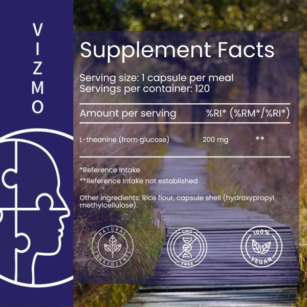 Vizmo L-Theanin Nährwertangaben: 1 Kapsel pro Mahlzeit, 120 Kapseln pro Verpackung. Enthält 200 mg L-Theanin (aus Glukose). Natürliche Inhaltsstoffe, gentechnikfrei und 100 % vegan.