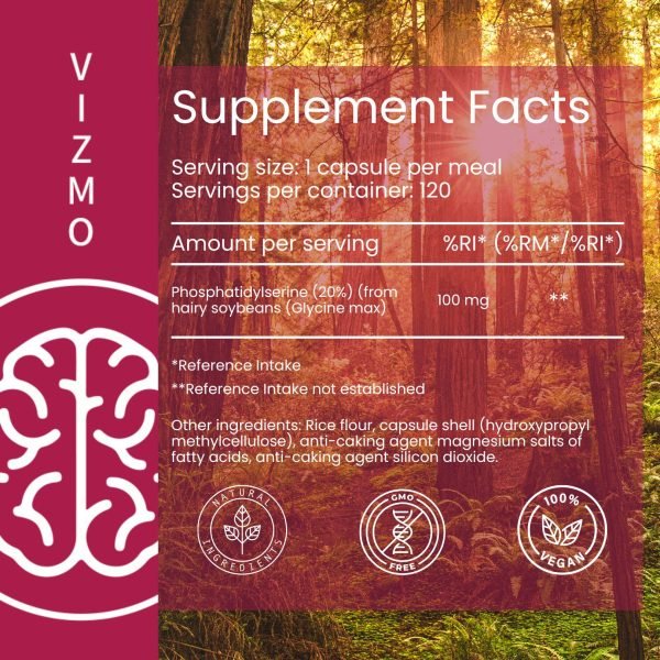 Supplement Facts Vizmo Phosphatidylserin – 100 mg pro Kapsel, vegan, GMO-frei, aus Sojabohnen