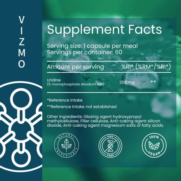 Vizmo Uridinmonophosphat Nährwertangaben: 1 Kapsel pro Mahlzeit, 60 Kapseln pro Verpackung. Enthält 250 mg Uridin (5-monophosphat Dinatriumsalz). Natürliche Inhaltsstoffe, gentechnikfrei und 100 % vegan.