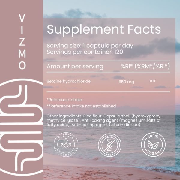 Vizmo Betain HCL Nährwertangaben: 1 Kapsel pro Tag, 120 Kapseln pro Behälter. Enthält 650 mg Betainhydrochlorid. Natürliche Inhaltsstoffe, gentechnikfrei und 100 % vegan.