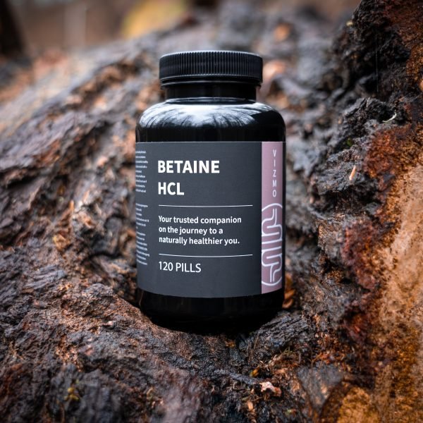 Vizmo Betain HCL Nahrungsergänzungsmittel-Flasche mit 120 Kapseln, platziert auf Baumrinde, symbolisiert natürliche Gesundheit und Unterstützung der Verdauung.