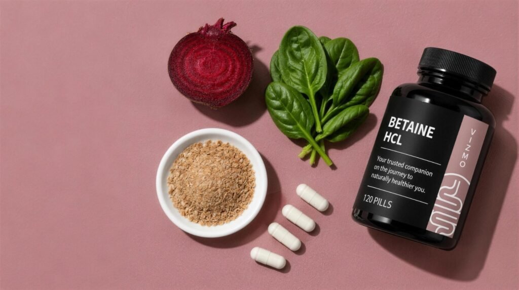 VIZMO Betain HCL Kapseln neben Roter Bete, Spinat und Weizenkleie – natürliche Betain-Quellen, Flat Lay auf rosa Hintergrund