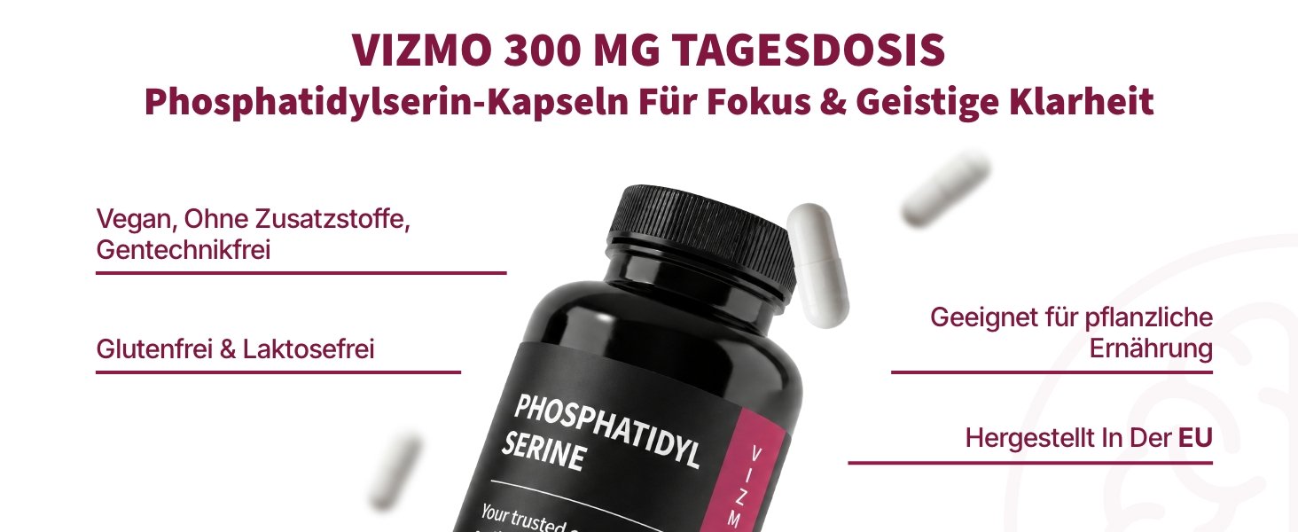 VIZMO Phosphatidylserin Kapseln – 300 mg Tagesdosis, vegan, glutenfrei und laktosefrei, in der EU hergestellt