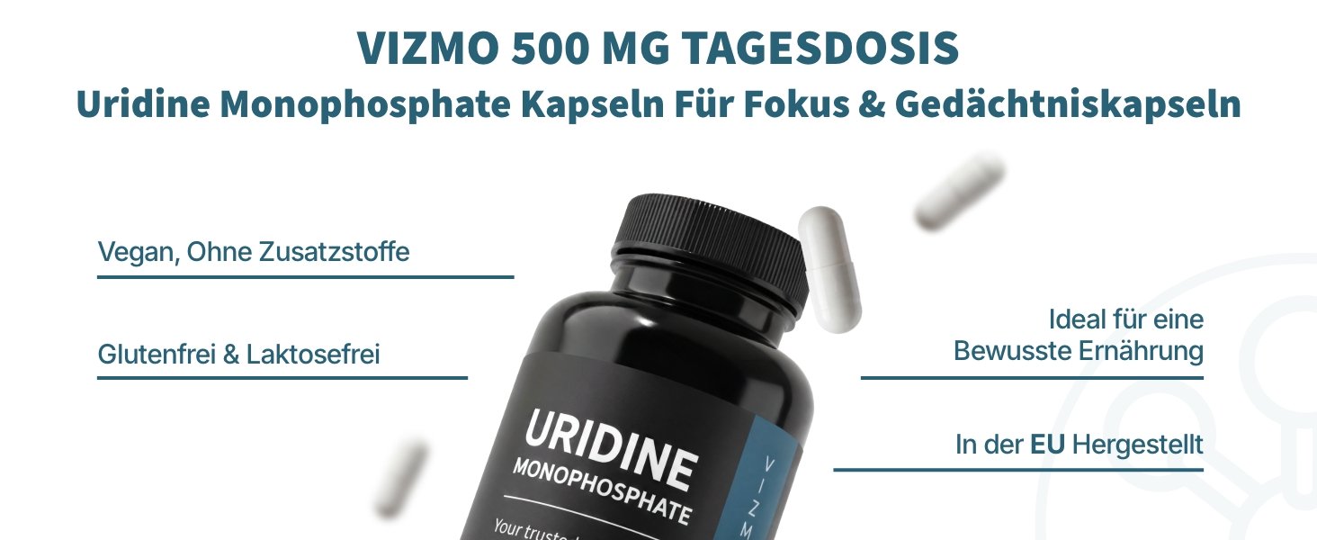VIZMO Uridinmonophosphat Kapseln – 500 mg Tagesdosis, vegan, glutenfrei und laktosefrei, in der EU hergestellt