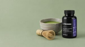 VIZMO L-Theanin Dose neben einer Schale Matcha und einem Bambusbesen auf salbeigrünem Hintergrund