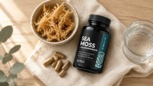 VIZMO Sea Moss Kapseln neben einer Schale getrocknetem Irisch Moos und einem Glas Wasser